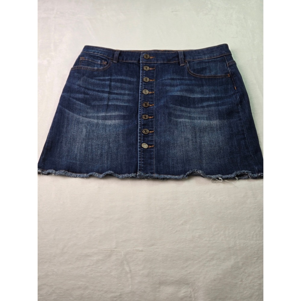 Indigo Rein Dark Wash Button Front Denim Mini Skirt Frayed Hem Y2K‎ 13/30 Blue
